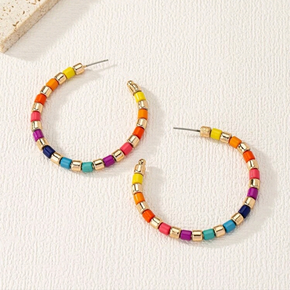 🍉5 for $25* Rainbow Bead Hoop Earrings - Picture 3 of 3